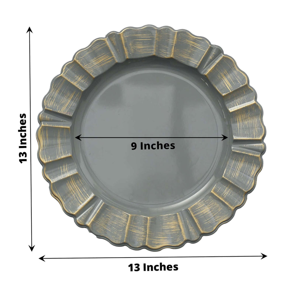 6-Pack Acrylic Plastic Round Charger Plates 13" in Charcoal Gray with Gold Brushed Wavy Scalloped Rim, Decorative Dinner Party Charger Tableware