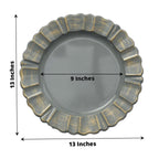 6-Pack Acrylic Plastic Round Charger Plates 13" in Charcoal Gray with Gold Brushed Wavy Scalloped Rim, Decorative Dinner Party Charger Tableware