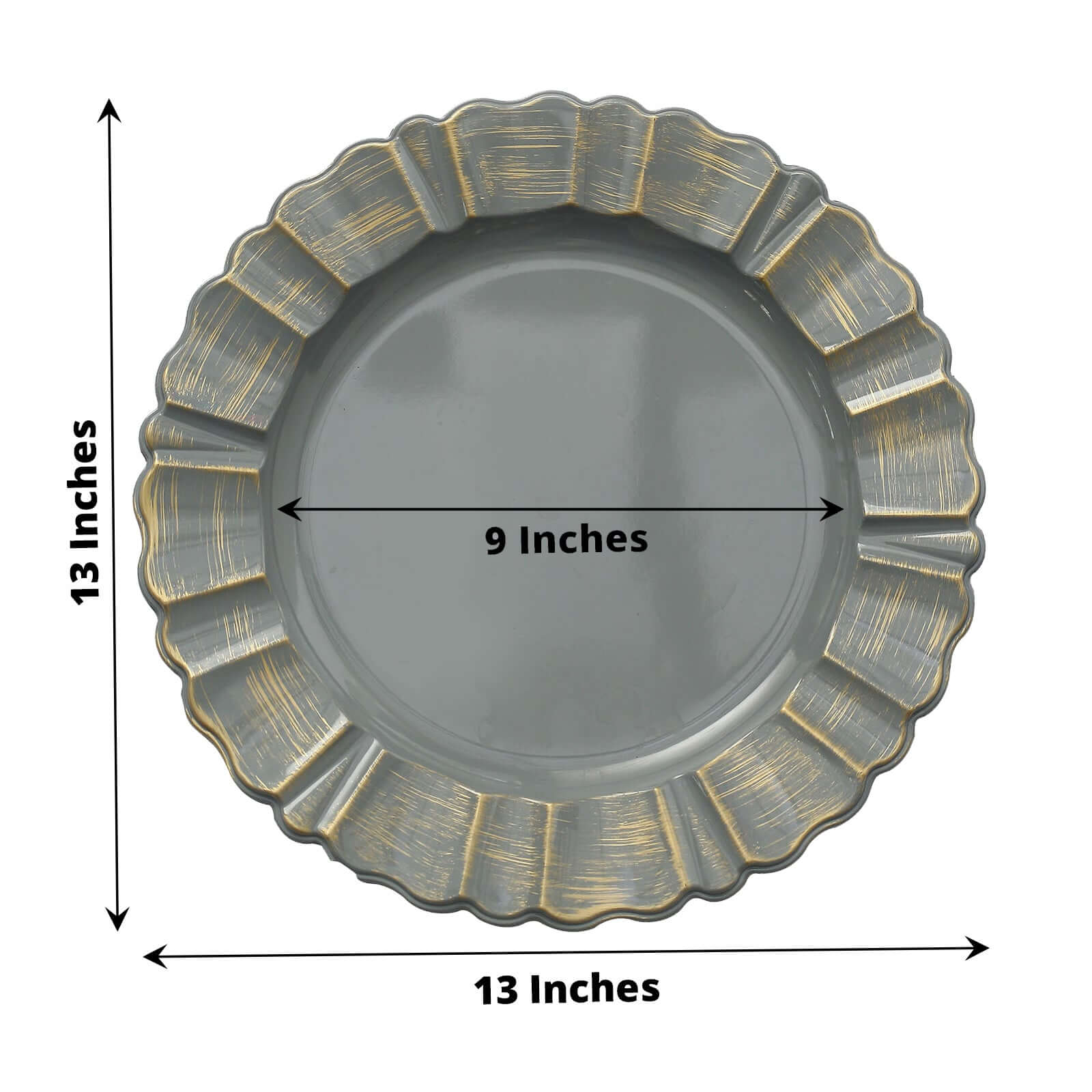6-Pack Acrylic Plastic Round Charger Plates 13" in Charcoal Gray with Gold Brushed Wavy Scalloped Rim, Decorative Dinner Party Charger Tableware