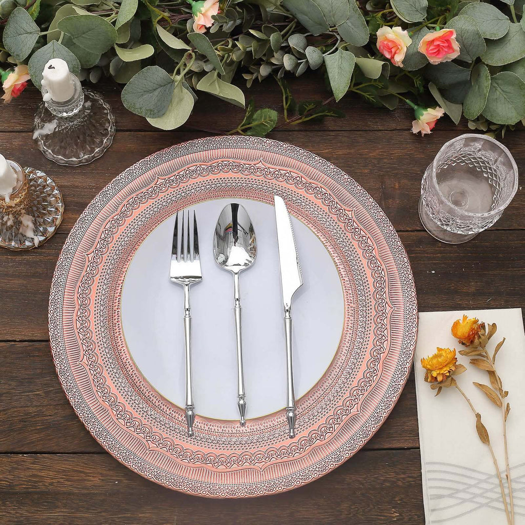 6-Pack Acrylic Round Charger Plates 13" in Rose Gold with Lace Embossed Rim, Rustic Plastic Decorative Charger Tableware