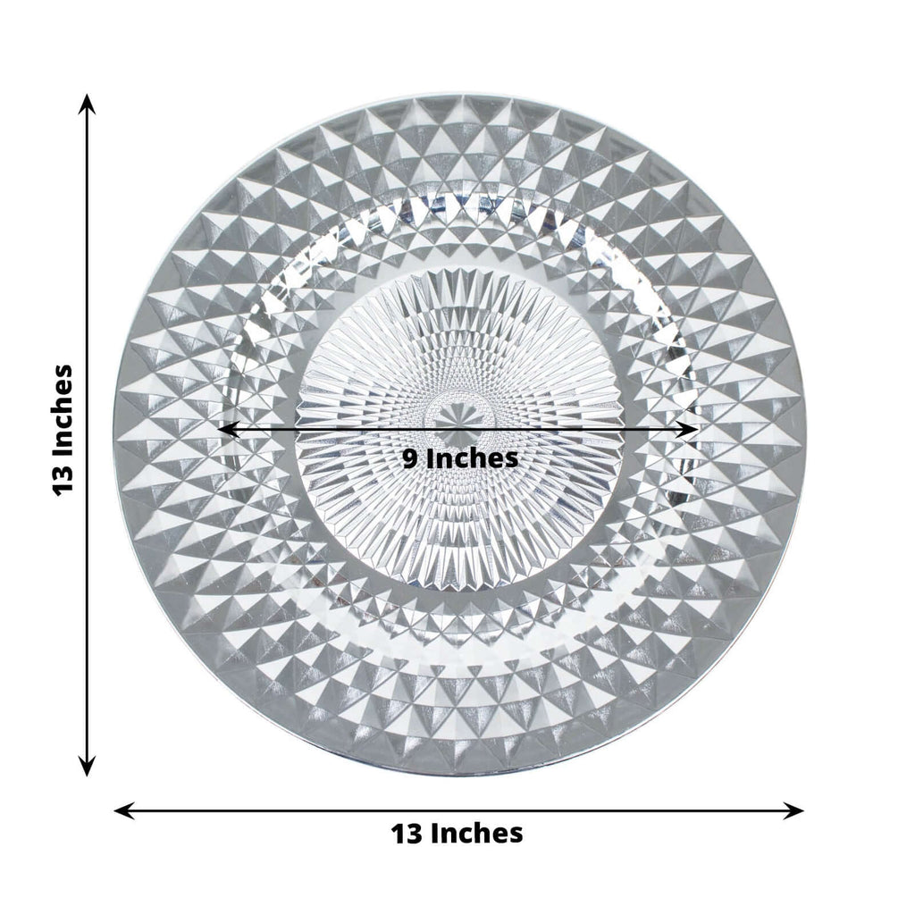 6-Pack Plastic Round Charger Plates 13" in Silver with Diamond Pattern, Sparkling Disposable Dinner Charger Tableware