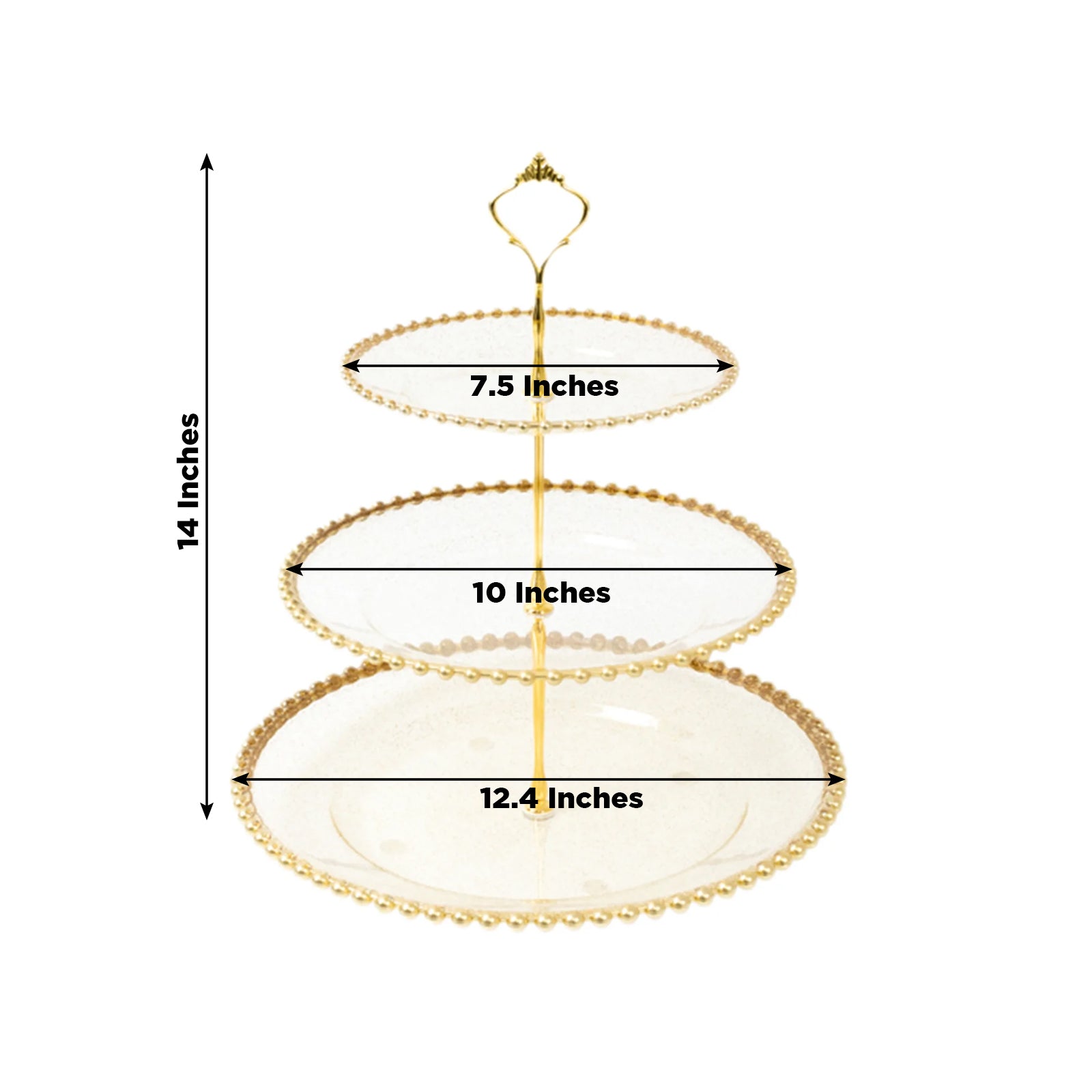 14" Clear Gold Glittered 3 - Tier Plastic Dessert Display Stand With Gold Beaded Rim, Round Cupcake Tower Tea Party Serving Platter With Top Handle - Bell Racket Store