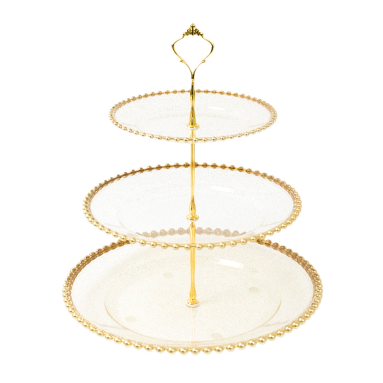 14" Clear Gold Glittered 3 - Tier Plastic Dessert Display Stand With Gold Beaded Rim, Round Cupcake Tower Tea Party Serving Platter With Top Handle - Bell Racket Store