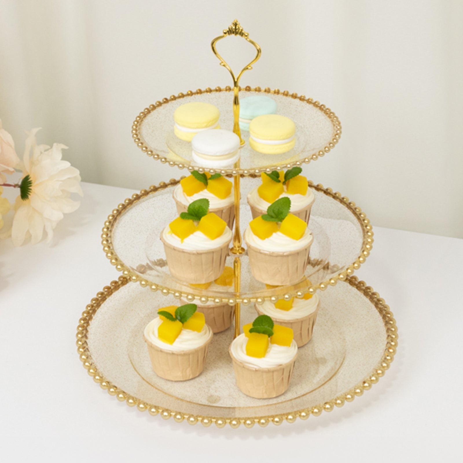 14" Clear Gold Glittered 3 - Tier Plastic Dessert Display Stand With Gold Beaded Rim, Round Cupcake Tower Tea Party Serving Platter With Top Handle - Bell Racket Store