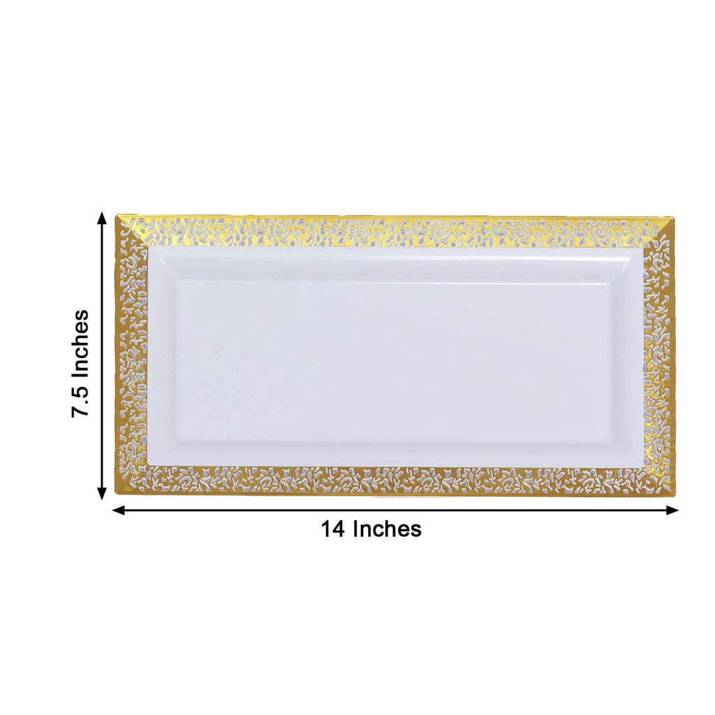 4-Pack Plastic 14" Rectangle Serving Trays White with Gold Lace Rim - Chic Decorative Table Tray Platters for Buffets Banquets Dinner Parties