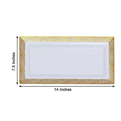 4-Pack Plastic 14" Rectangle Serving Trays White with Gold Lace Rim - Chic Decorative Table Tray Platters for Buffets Banquets Dinner Parties