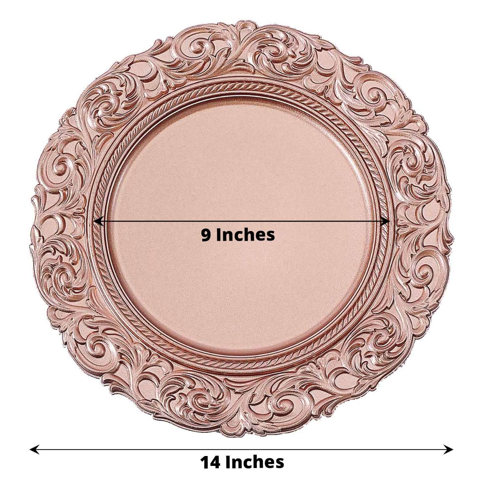 6-Pack Acrylic Round Charger Plates 14" in Rose Gold with Engraved Baroque Rim, Vintage Disposable Decorative Chargers