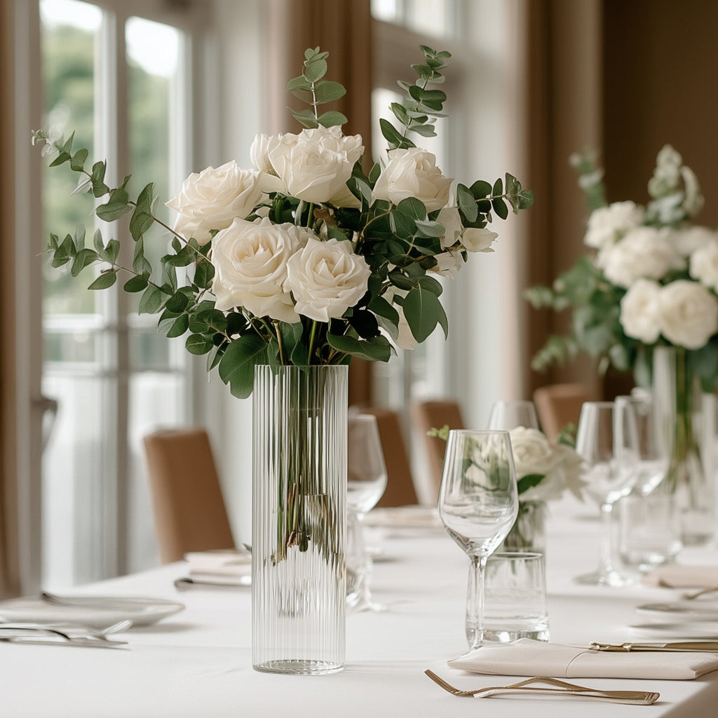 14" Ribbed Cylinder Glass Vases 6 - Pack â€“ Tall Clear Decorative Vases for Dining Tables, Mantels & Modern Interiors - Bell Racket Store