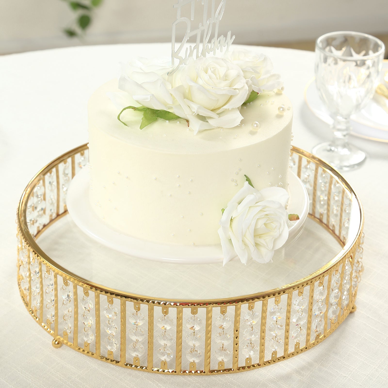 14" Round Gold Cake Stand with Hanging Crystal Beads and Glass Top â€“ Metal Dessert Display Tray - Bell Racket Store