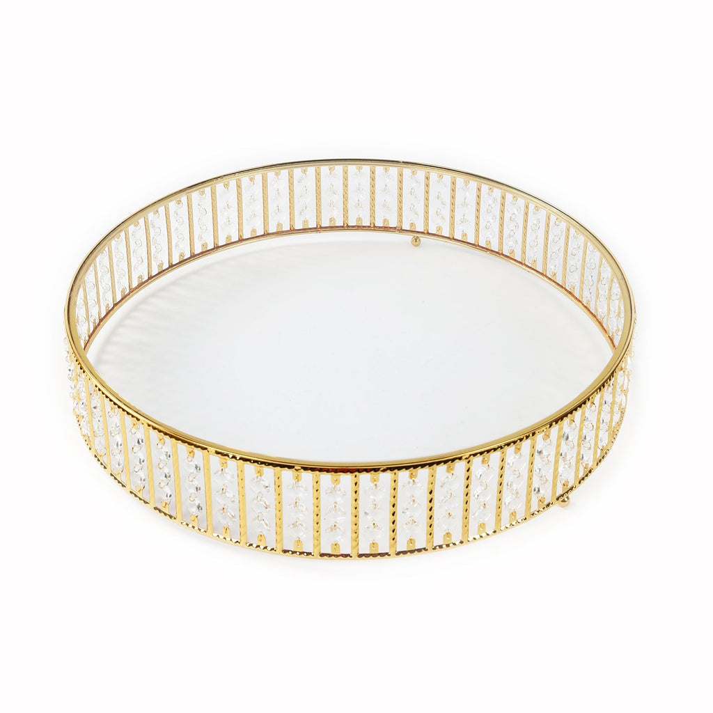 14" Round Gold Cake Stand with Hanging Crystal Beads and Glass Top â€“ Metal Dessert Display Tray - Bell Racket Store