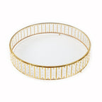 14" Round Gold Cake Stand with Hanging Crystal Beads and Glass Top â€“ Metal Dessert Display Tray - Bell Racket Store