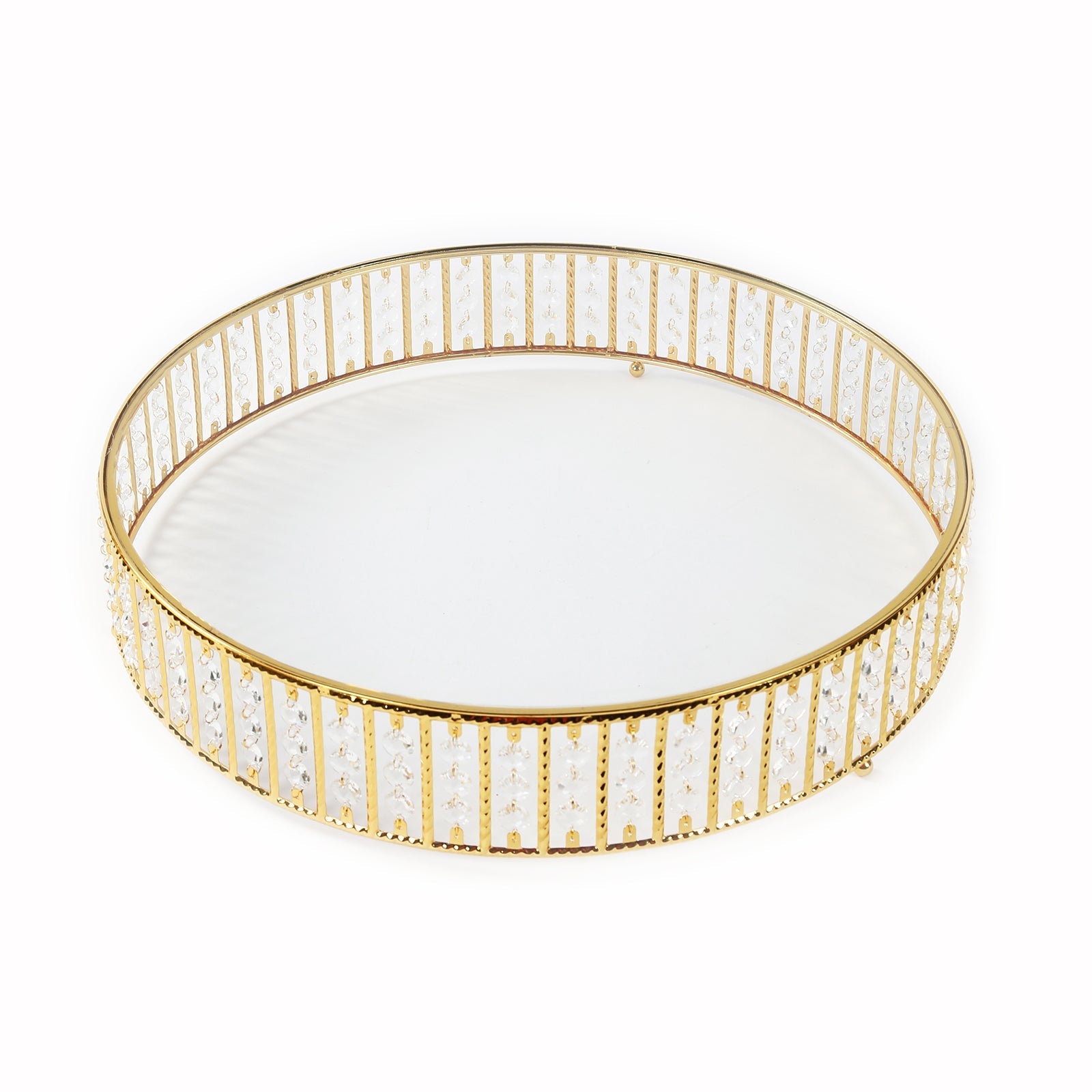 14" Round Gold Cake Stand with Hanging Crystal Beads and Glass Top â€“ Metal Dessert Display Tray - Bell Racket Store