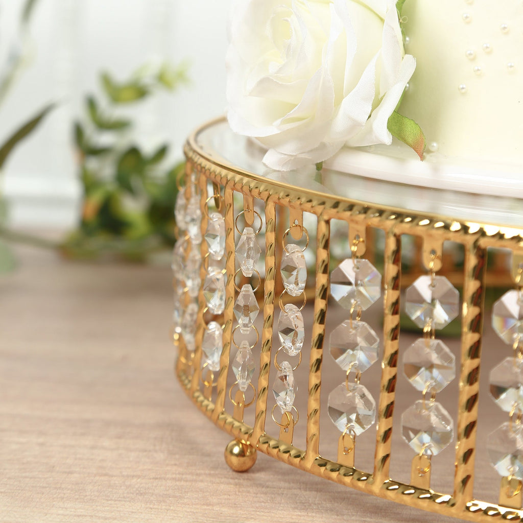 14" Round Gold Cake Stand with Hanging Crystal Beads and Glass Top â€“ Metal Dessert Display Tray - Bell Racket Store