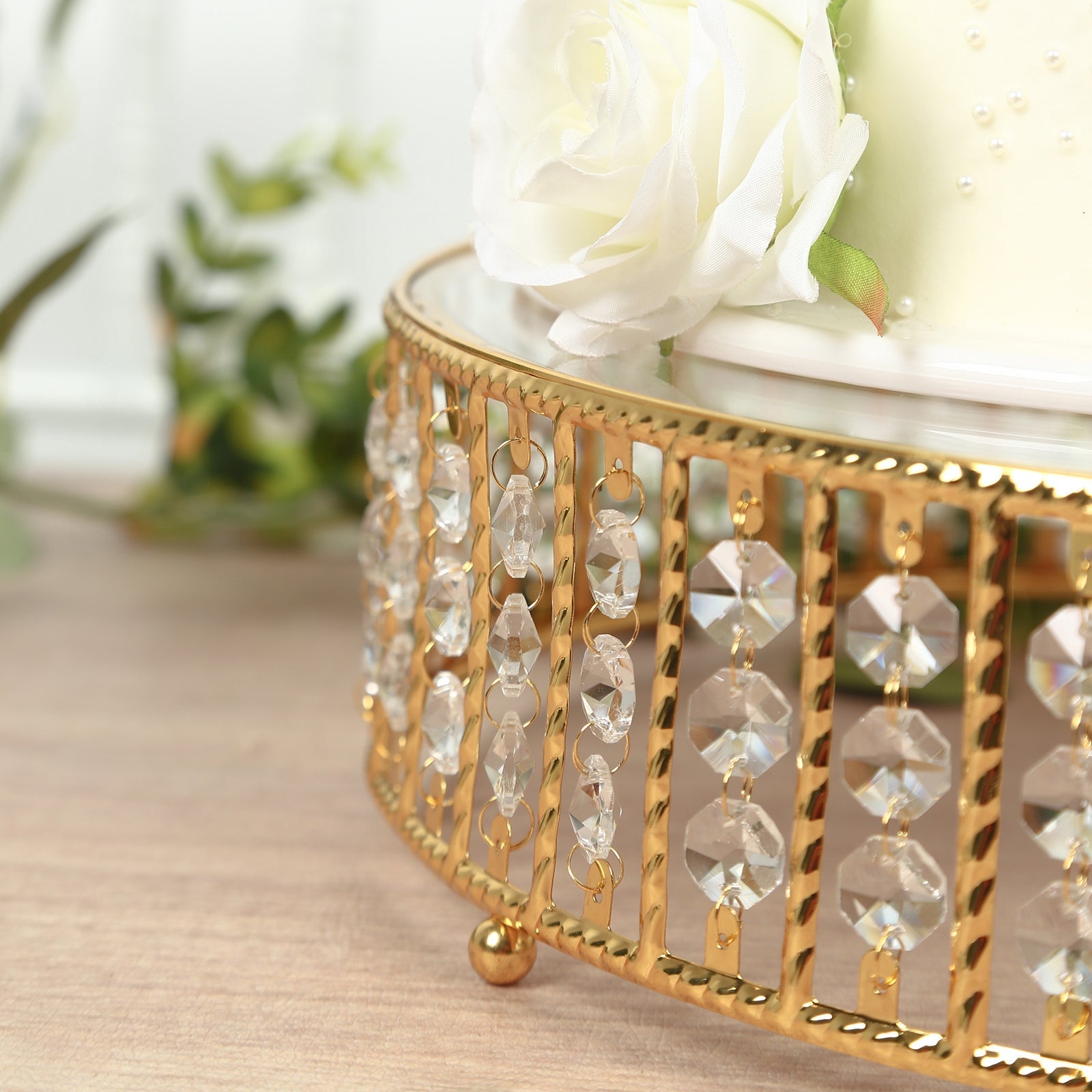 14" Round Gold Cake Stand with Hanging Crystal Beads and Glass Top â€“ Metal Dessert Display Tray - Bell Racket Store