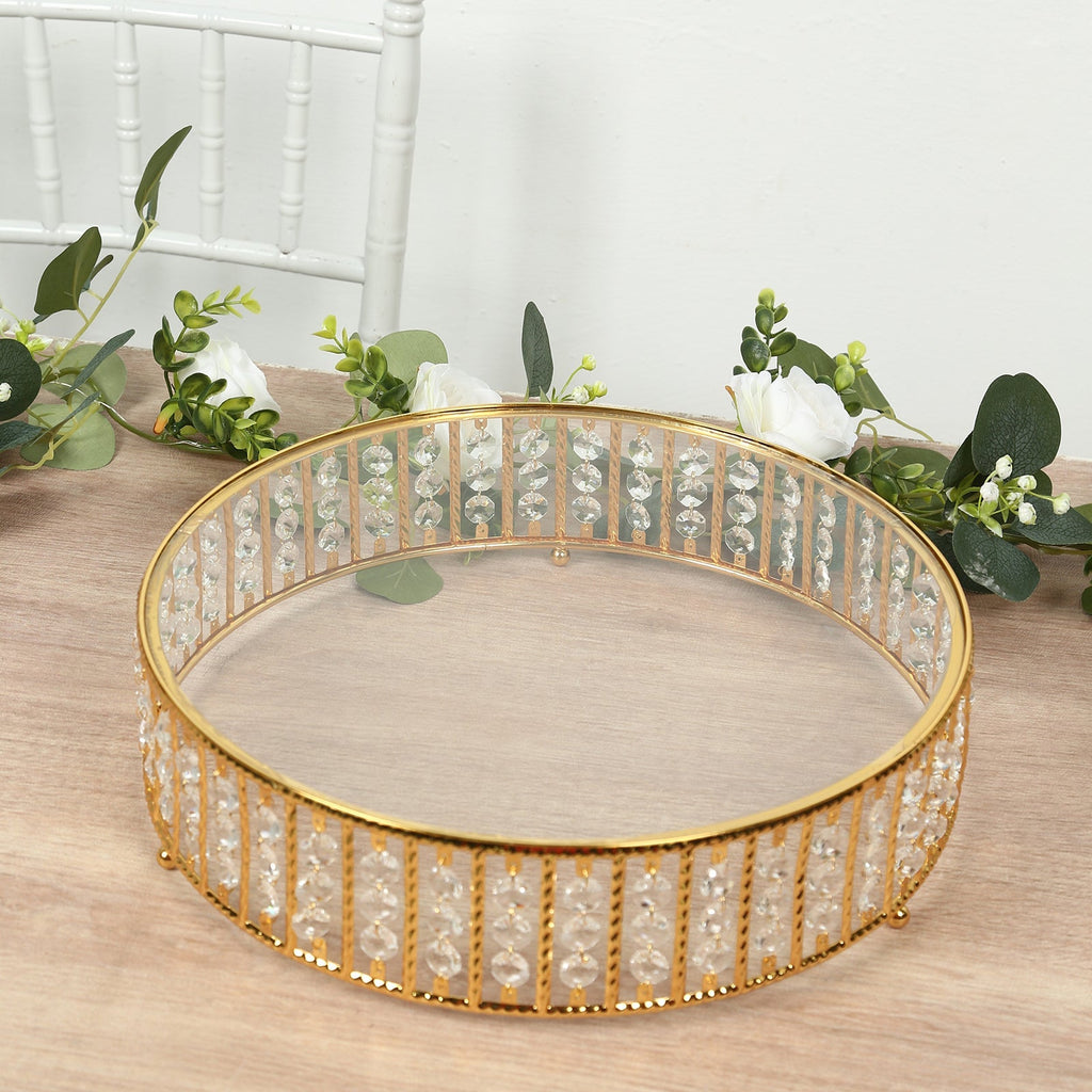14" Round Gold Cake Stand with Hanging Crystal Beads and Glass Top â€“ Metal Dessert Display Tray - Bell Racket Store