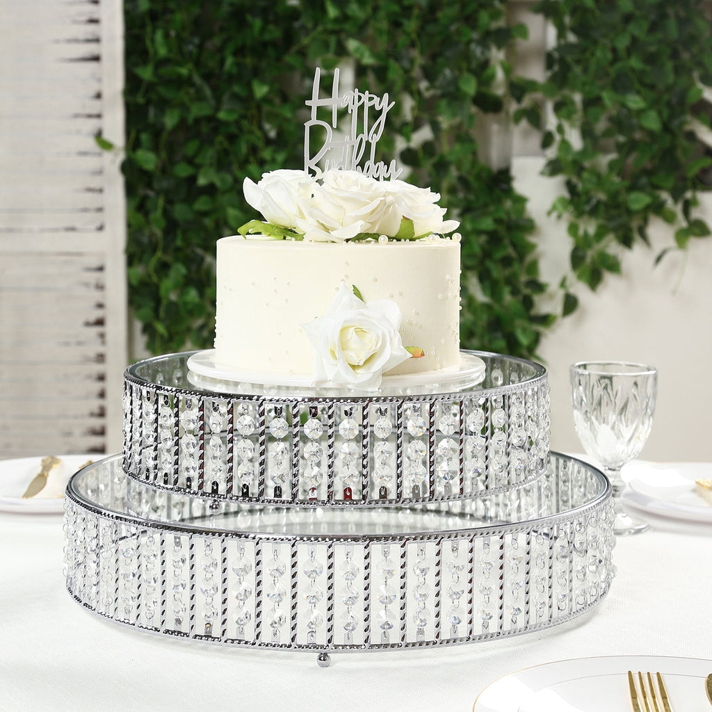 14" Round Silver Cake Stand with Hanging Crystal Beads and Glass Top â€“ Metal Dessert Display Tray - Bell Racket Store