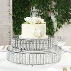 14" Round Silver Cake Stand with Hanging Crystal Beads and Glass Top â€“ Metal Dessert Display Tray - Bell Racket Store