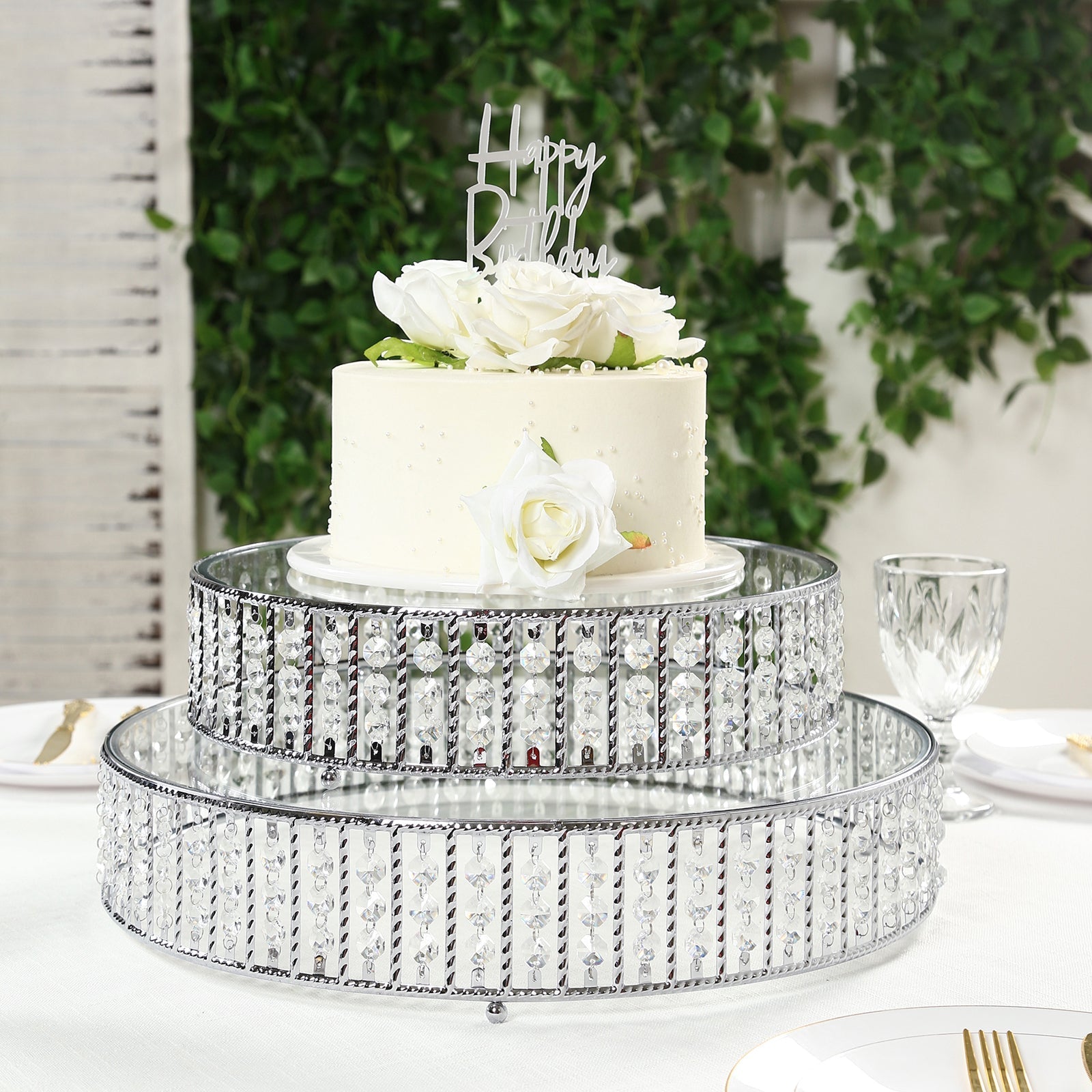 14" Round Silver Cake Stand with Hanging Crystal Beads and Glass Top â€“ Metal Dessert Display Tray - Bell Racket Store