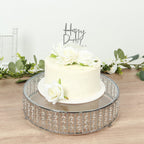 14" Round Silver Cake Stand with Hanging Crystal Beads and Glass Top â€“ Metal Dessert Display Tray - Bell Racket Store