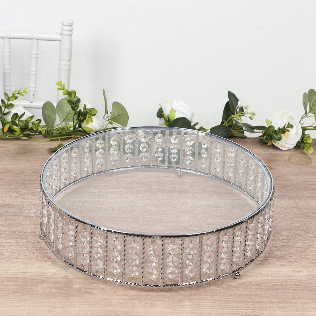 14" Round Silver Cake Stand with Hanging Crystal Beads and Glass Top â€“ Metal Dessert Display Tray - Bell Racket Store