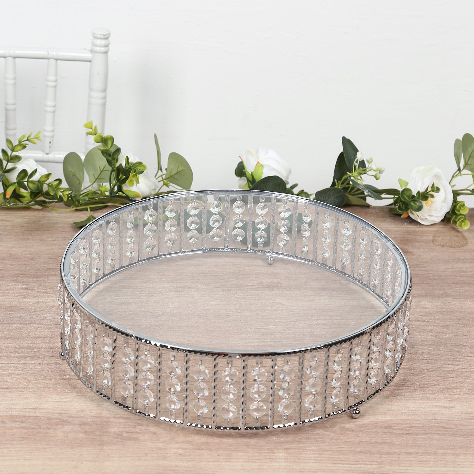 14" Round Silver Cake Stand with Hanging Crystal Beads and Glass Top â€“ Metal Dessert Display Tray - Bell Racket Store