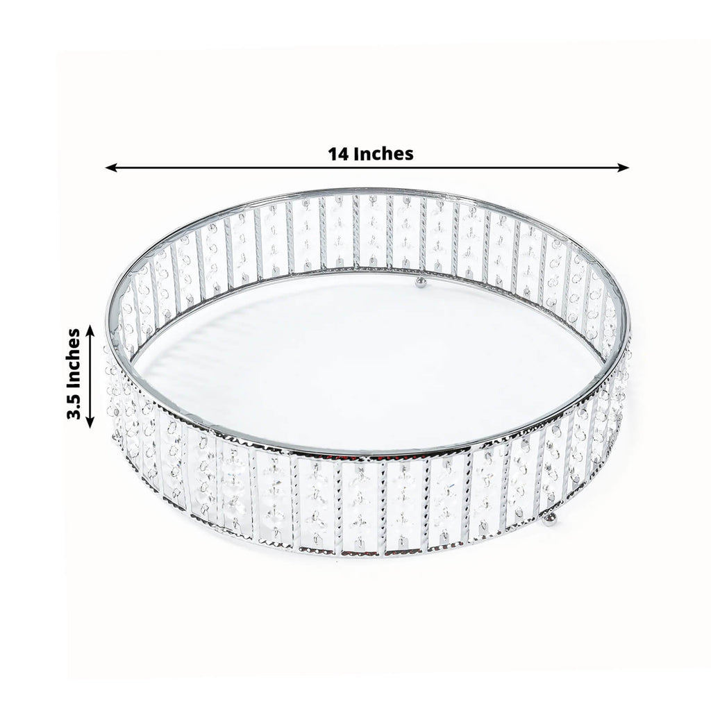 14" Round Silver Cake Stand with Hanging Crystal Beads and Glass Top â€“ Metal Dessert Display Tray - Bell Racket Store