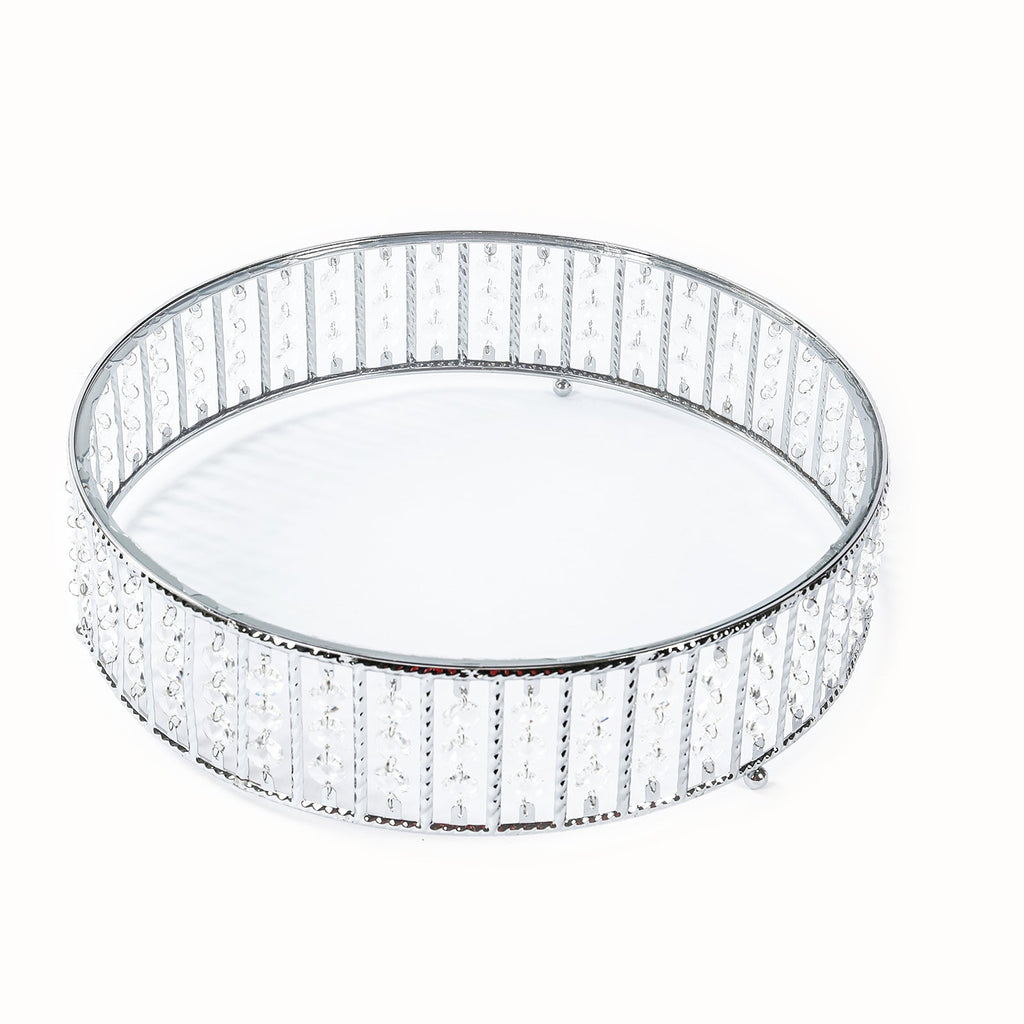14" Round Silver Cake Stand with Hanging Crystal Beads and Glass Top â€“ Metal Dessert Display Tray - Bell Racket Store