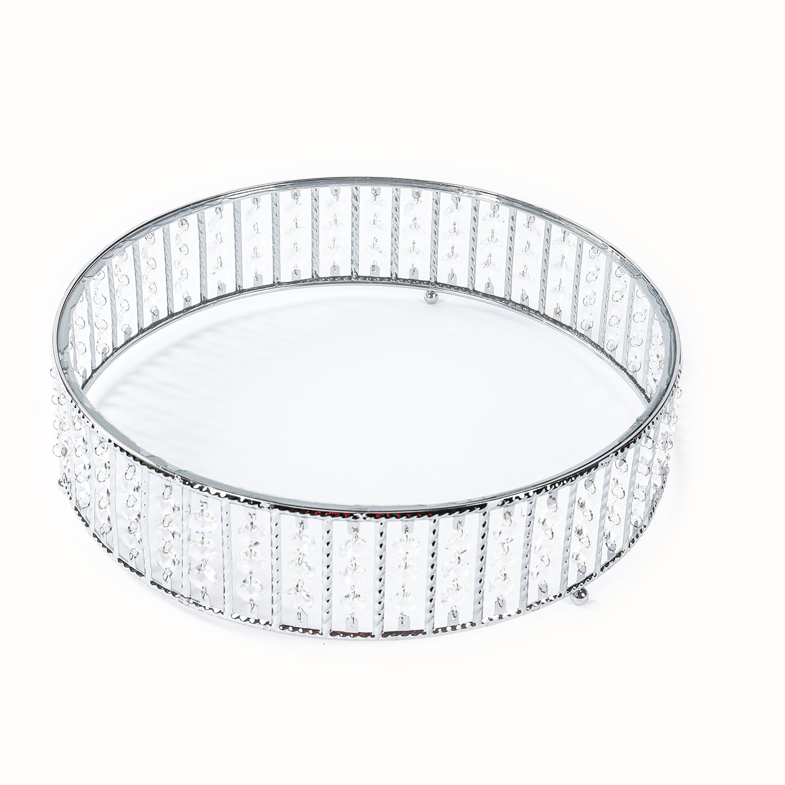 14" Round Silver Cake Stand with Hanging Crystal Beads and Glass Top â€“ Metal Dessert Display Tray - Bell Racket Store
