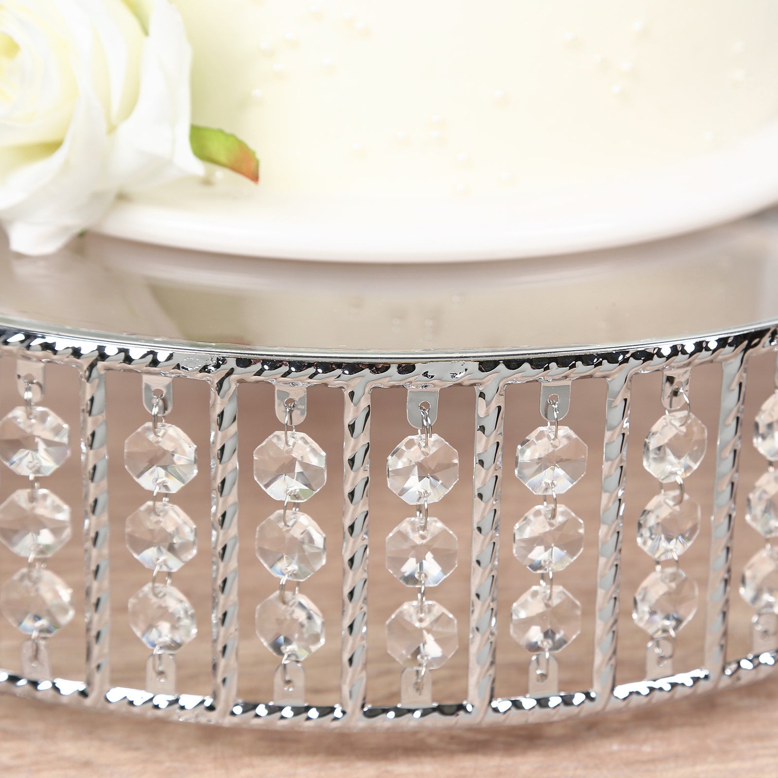14" Round Silver Cake Stand with Hanging Crystal Beads and Glass Top â€“ Metal Dessert Display Tray - Bell Racket Store