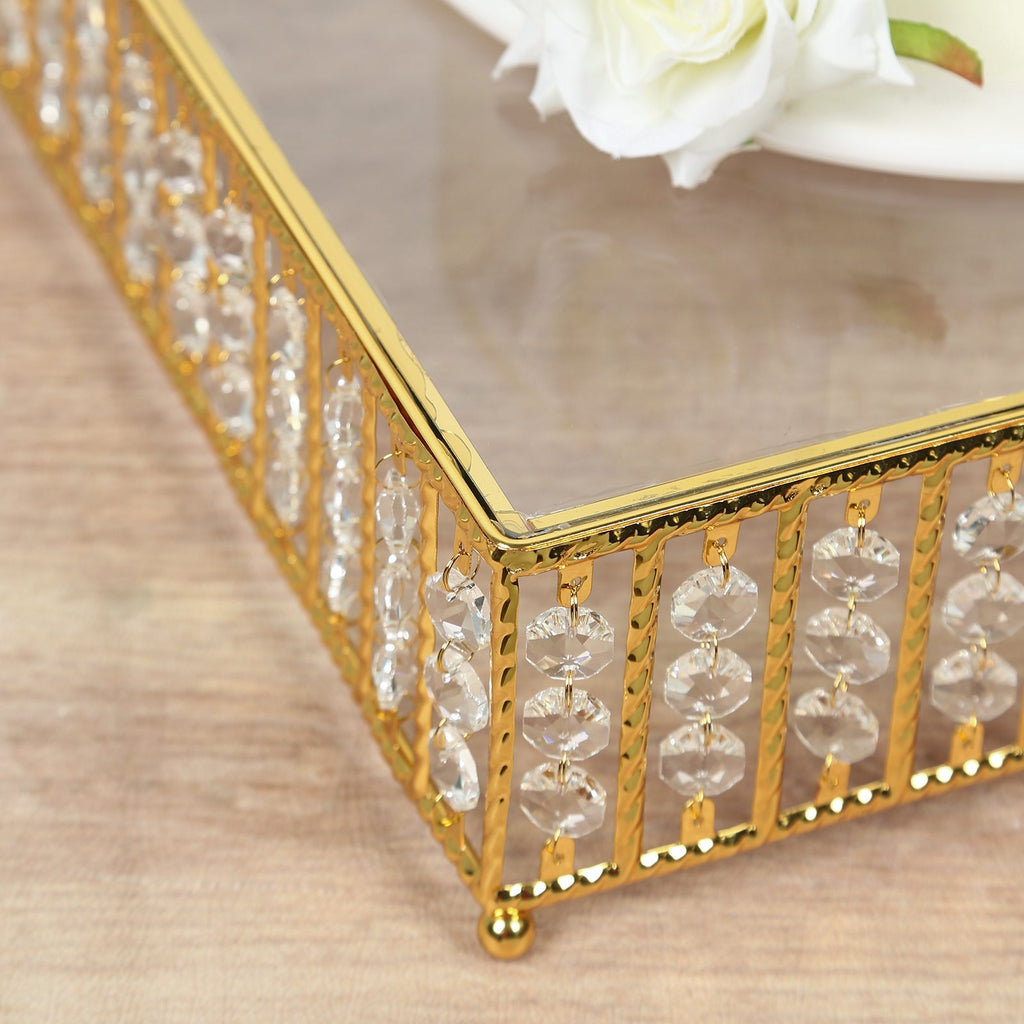 14" Square Gold Cake Stand with Hanging Crystal Beads and Glass Top â€“ Metal Dessert Display Tray - Bell Racket Store