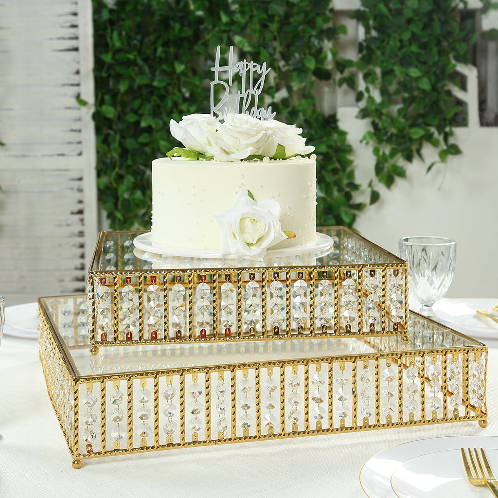 14" Square Gold Cake Stand with Hanging Crystal Beads and Glass Top â€“ Metal Dessert Display Tray - Bell Racket Store