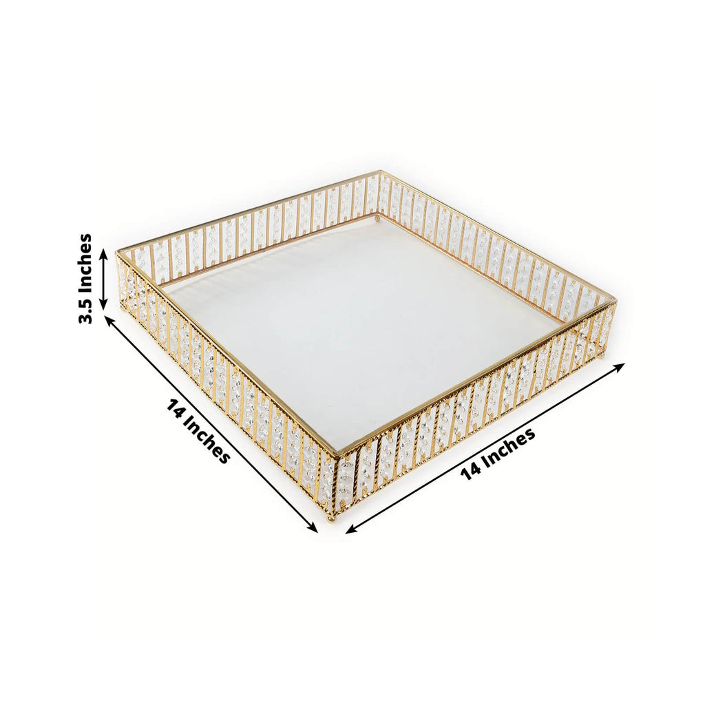 14" Square Gold Cake Stand with Hanging Crystal Beads and Glass Top â€“ Metal Dessert Display Tray - Bell Racket Store