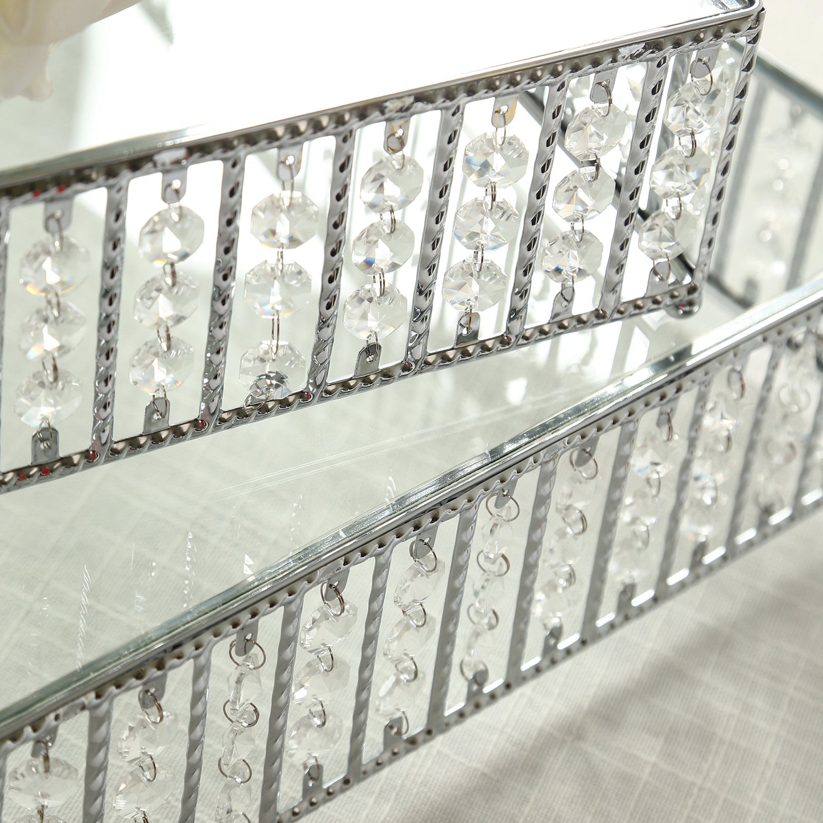 14" Square Silver Cake Stand with Hanging Crystal Beads and Glass Top â€“ Metal Dessert Display Tray - Bell Racket Store