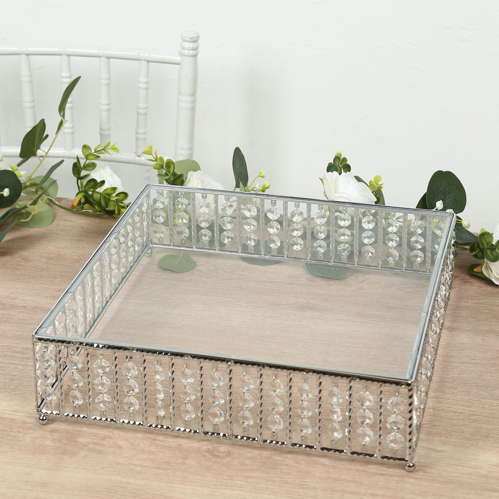 14" Square Silver Cake Stand with Hanging Crystal Beads and Glass Top â€“ Metal Dessert Display Tray - Bell Racket Store