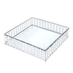 14" Square Silver Cake Stand with Hanging Crystal Beads and Glass Top â€“ Metal Dessert Display Tray - Bell Racket Store