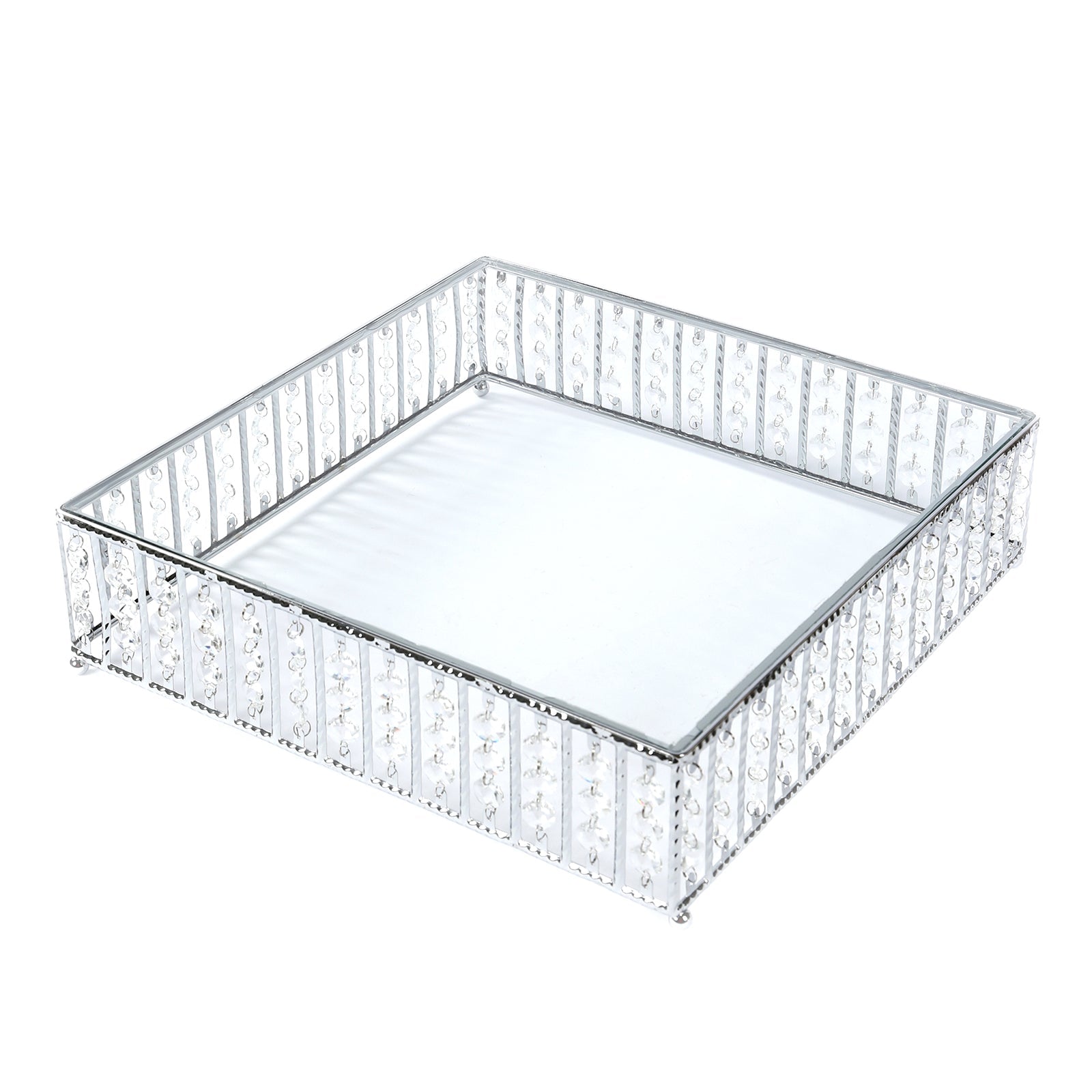 14" Square Silver Cake Stand with Hanging Crystal Beads and Glass Top â€“ Metal Dessert Display Tray - Bell Racket Store
