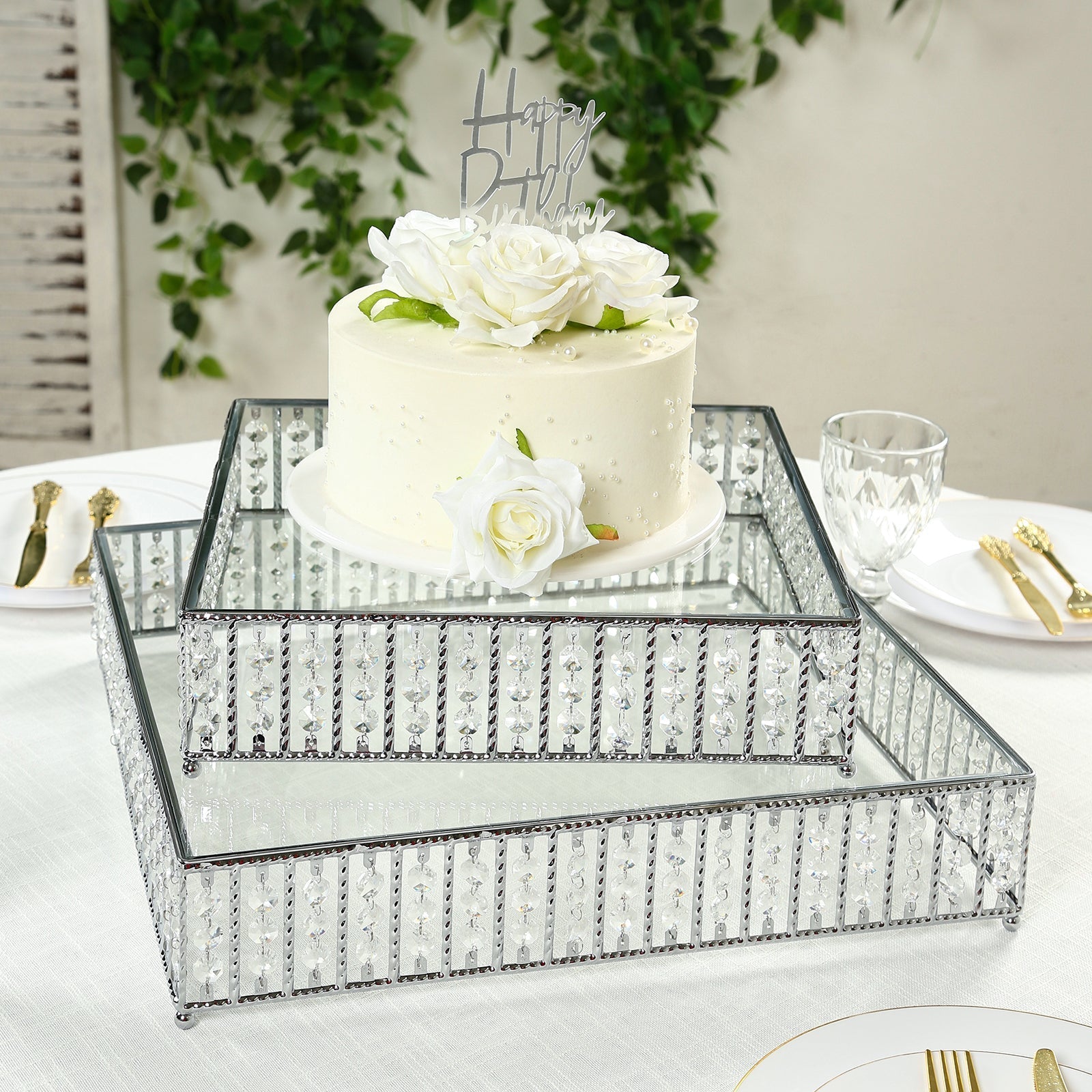 14" Square Silver Cake Stand with Hanging Crystal Beads and Glass Top â€“ Metal Dessert Display Tray - Bell Racket Store
