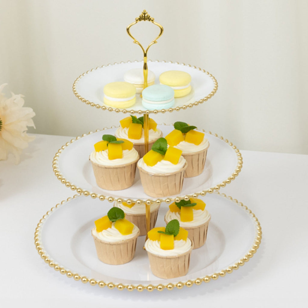 14" White 3 - Tier Plastic Dessert Display Stand With Gold Beaded Rim, Round Cupcake Tower Tea Party Serving Platter With Top Handle - Bell Racket Store
