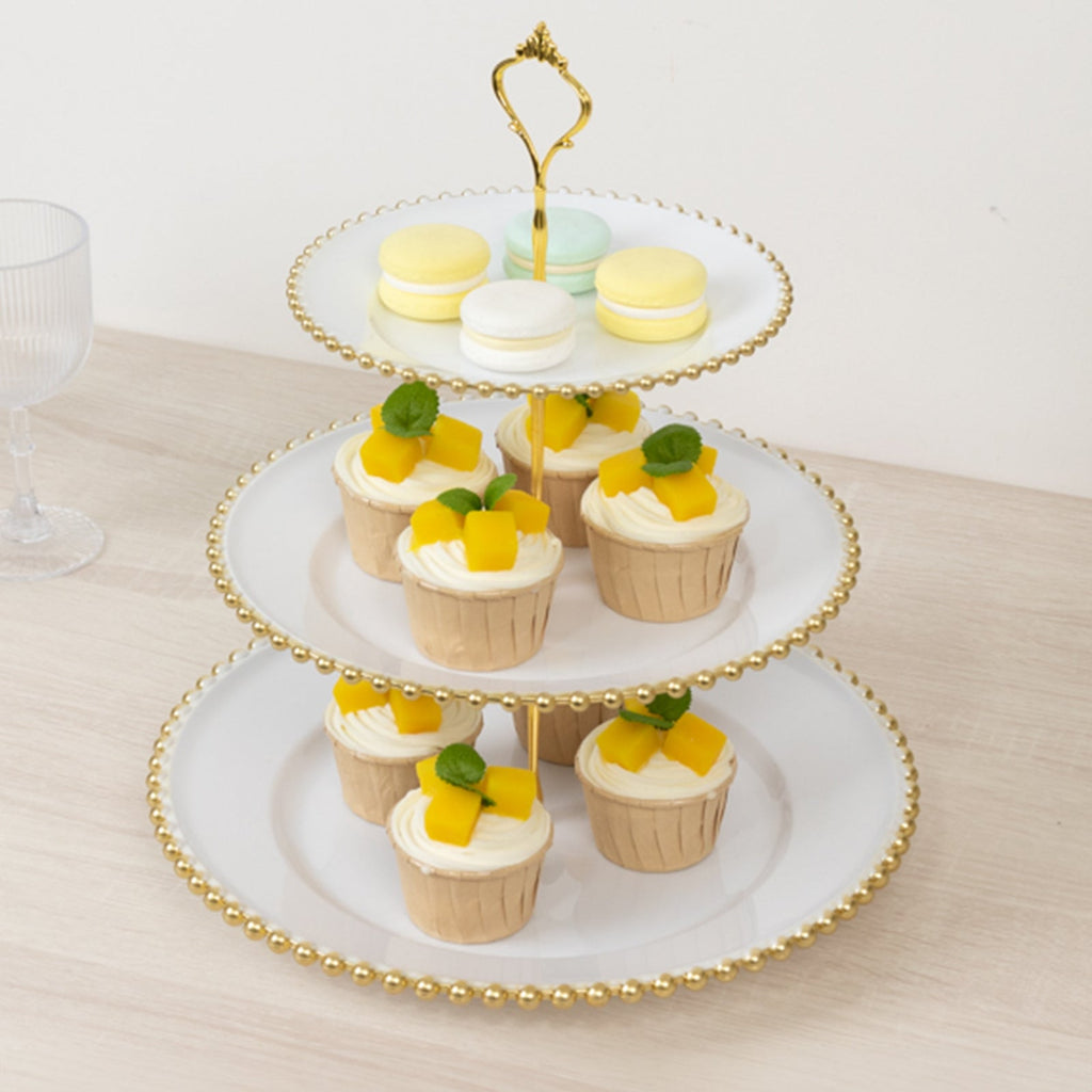 14" White 3 - Tier Plastic Dessert Display Stand With Gold Beaded Rim, Round Cupcake Tower Tea Party Serving Platter With Top Handle - Bell Racket Store