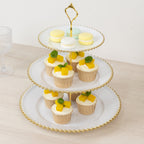 14" White 3 - Tier Plastic Dessert Display Stand With Gold Beaded Rim, Round Cupcake Tower Tea Party Serving Platter With Top Handle - Bell Racket Store