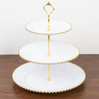 14" White 3 - Tier Plastic Dessert Display Stand With Gold Beaded Rim, Round Cupcake Tower Tea Party Serving Platter With Top Handle - Bell Racket Store