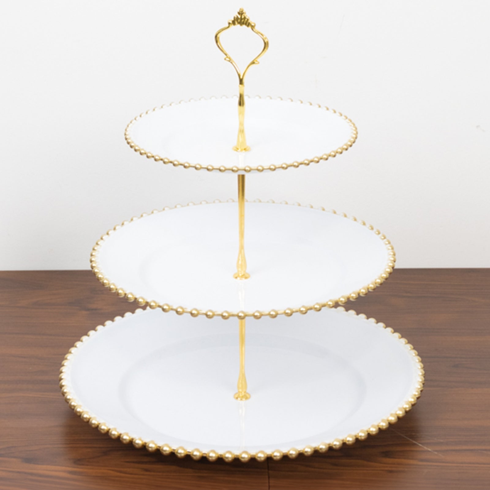 14" White 3 - Tier Plastic Dessert Display Stand With Gold Beaded Rim, Round Cupcake Tower Tea Party Serving Platter With Top Handle - Bell Racket Store