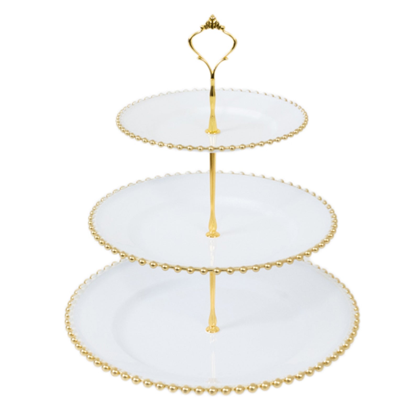 14" White 3 - Tier Plastic Dessert Display Stand With Gold Beaded Rim, Round Cupcake Tower Tea Party Serving Platter With Top Handle - Bell Racket Store