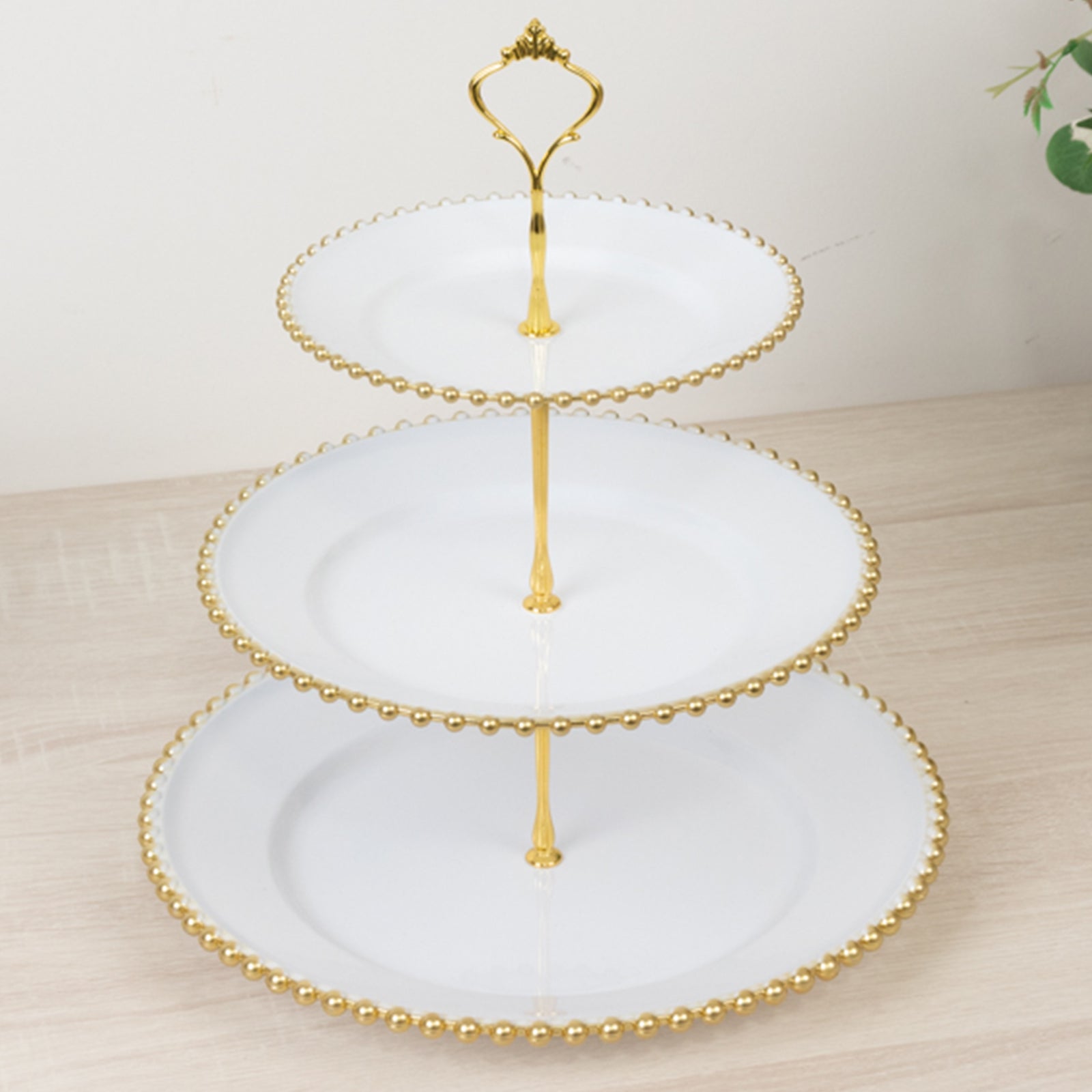 14" White 3 - Tier Plastic Dessert Display Stand With Gold Beaded Rim, Round Cupcake Tower Tea Party Serving Platter With Top Handle - Bell Racket Store