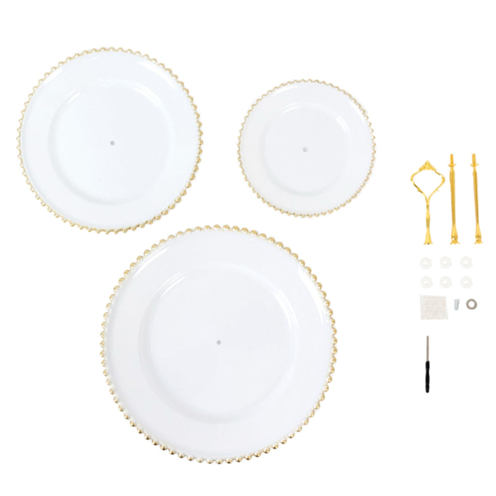 14" White 3 - Tier Plastic Dessert Display Stand With Gold Beaded Rim, Round Cupcake Tower Tea Party Serving Platter With Top Handle - Bell Racket Store