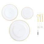 14" White 3 - Tier Plastic Dessert Display Stand With Gold Beaded Rim, Round Cupcake Tower Tea Party Serving Platter With Top Handle - Bell Racket Store