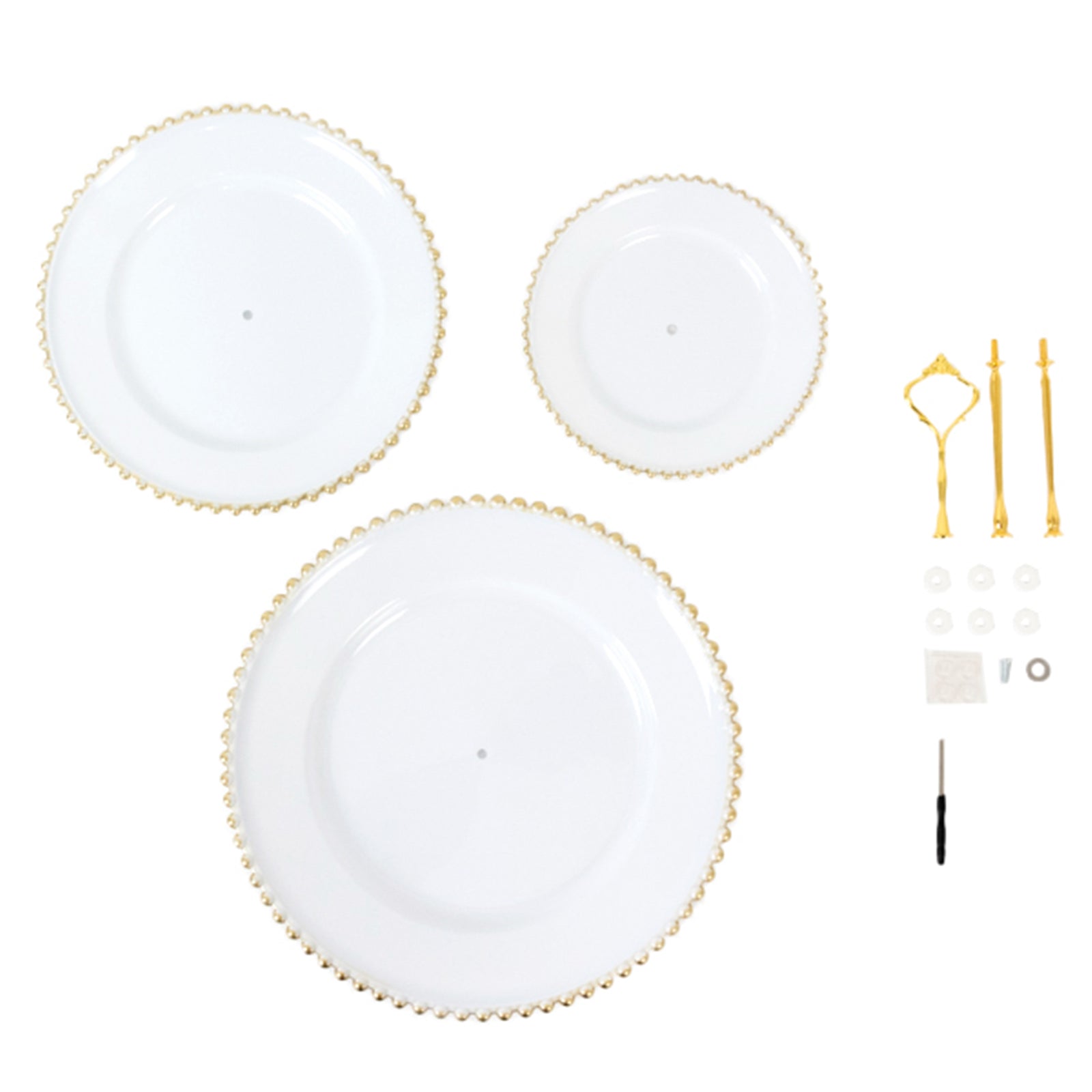 14" White 3 - Tier Plastic Dessert Display Stand With Gold Beaded Rim, Round Cupcake Tower Tea Party Serving Platter With Top Handle - Bell Racket Store