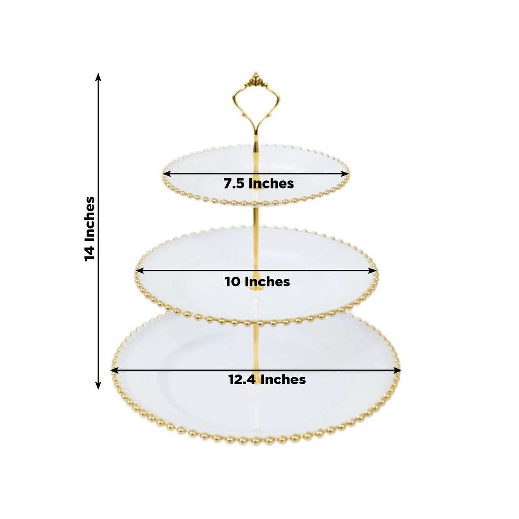 14" White 3 - Tier Plastic Dessert Display Stand With Gold Beaded Rim, Round Cupcake Tower Tea Party Serving Platter With Top Handle - Bell Racket Store