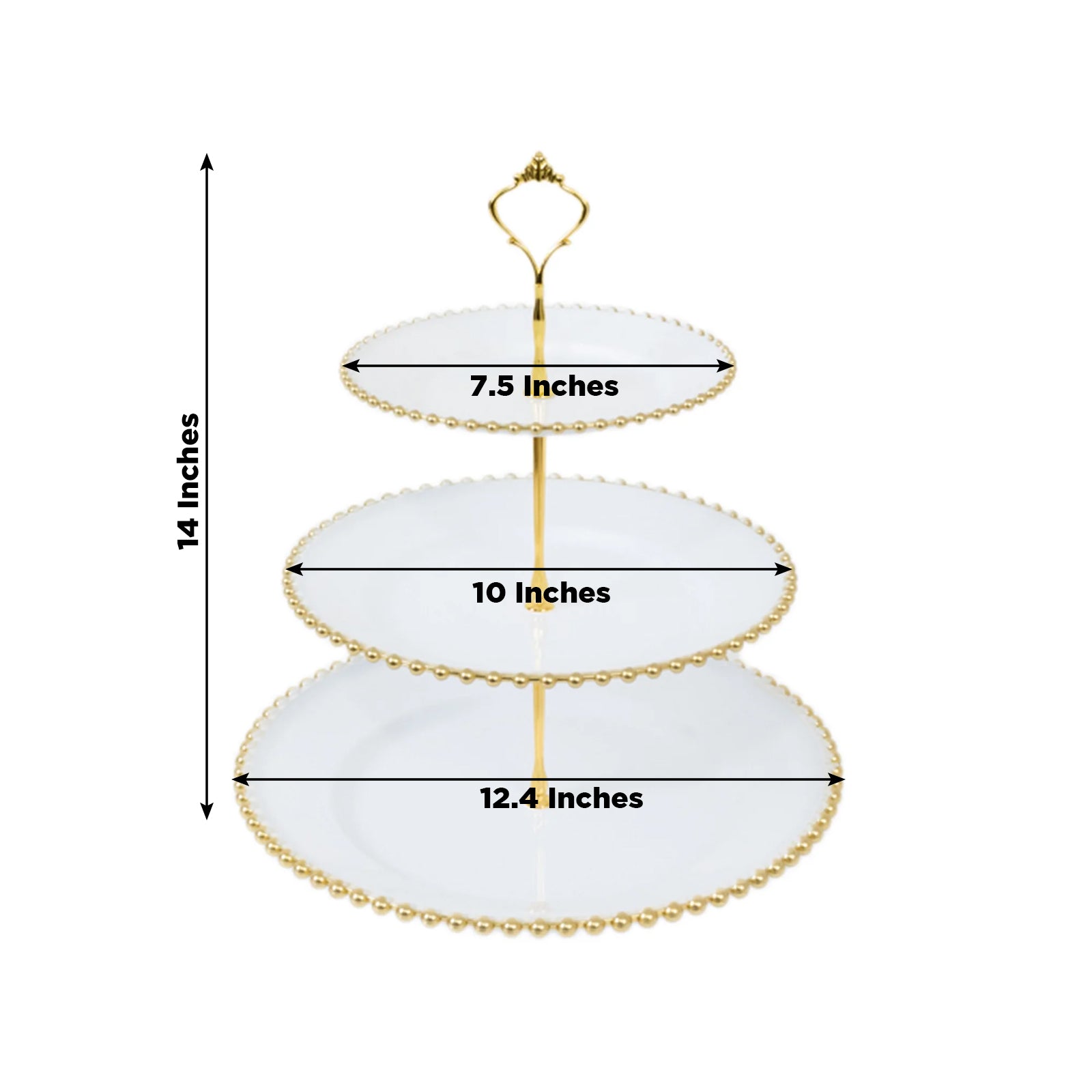 14" White 3 - Tier Plastic Dessert Display Stand With Gold Beaded Rim, Round Cupcake Tower Tea Party Serving Platter With Top Handle - Bell Racket Store