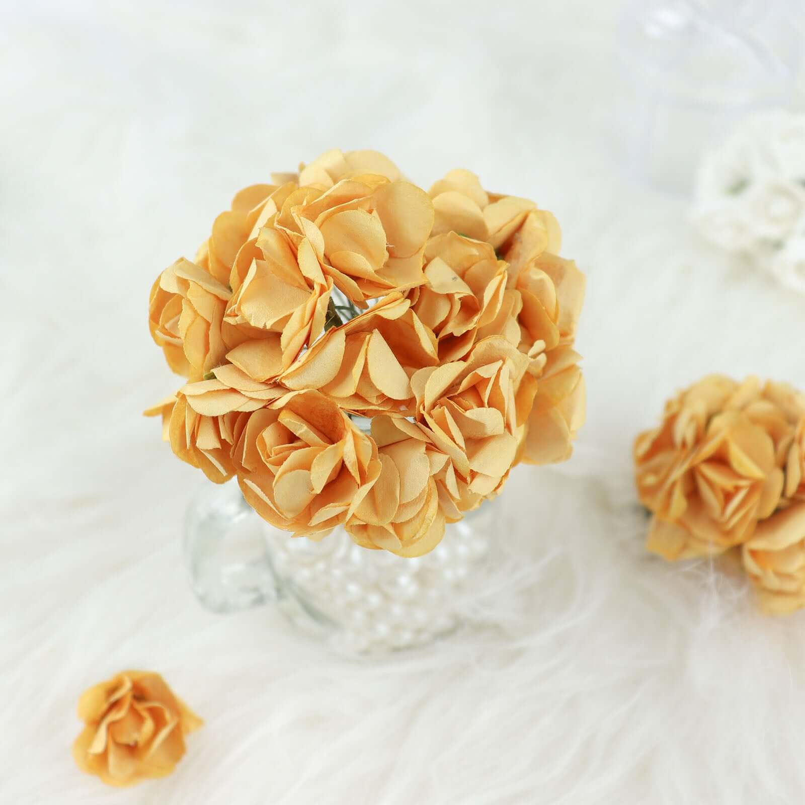 144 Gold Paper Mini Craft Flower Roses, DIY Flower Bushes With Wire Stems - Bell Racket Store